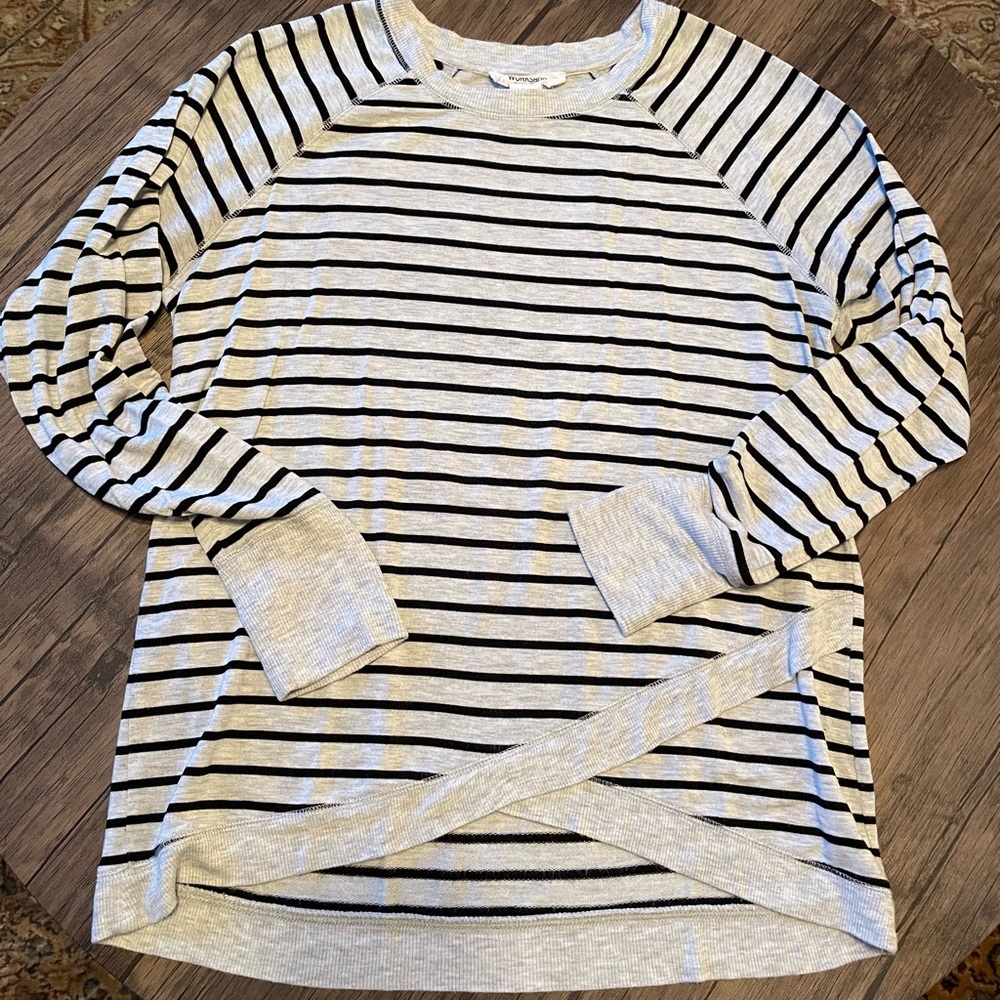 Light grey with black thin stripe sweater. THE coziest ever!